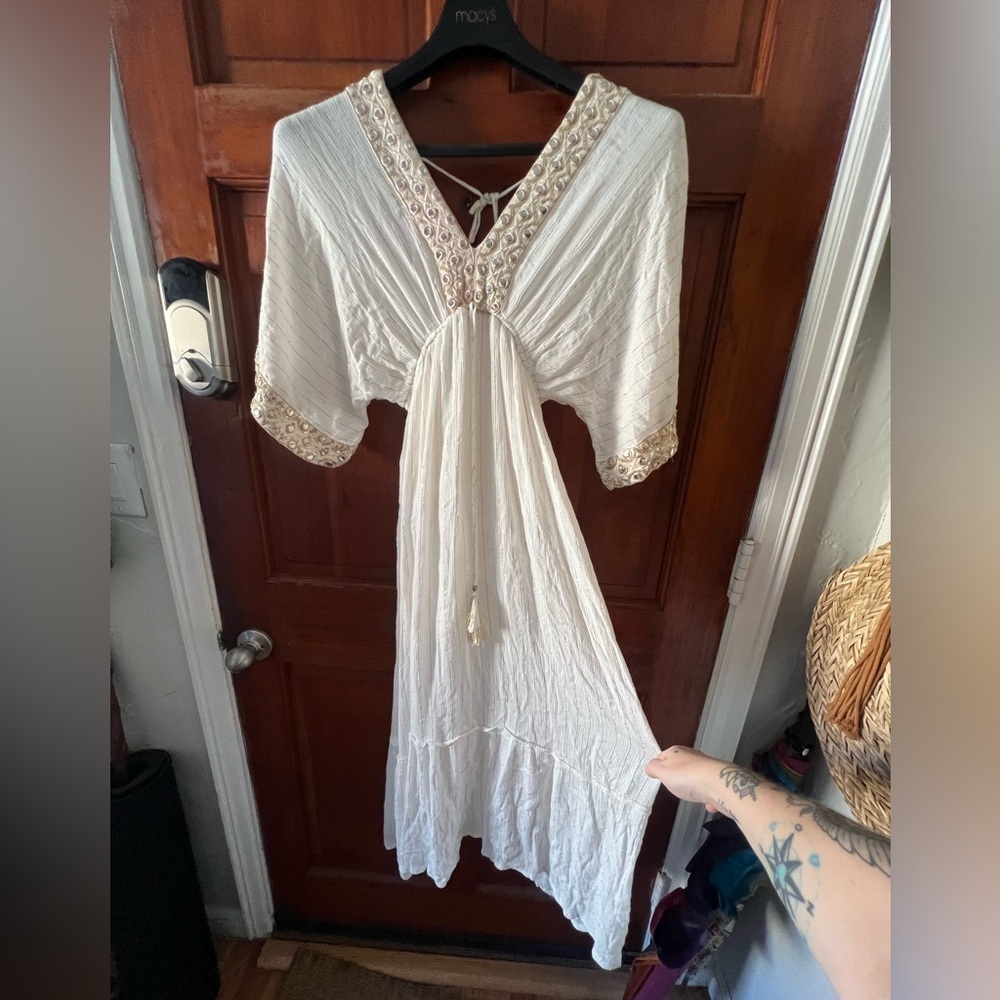 Ivory Boho Mirror Embellished Maxi Dress Viscose Kaftan Festival Beach Resort